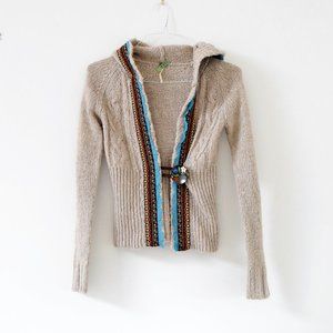 FREE PEOPLE Tan Klara Wool Cable Knit Embroidered Trim Button Cardigan | Size XS